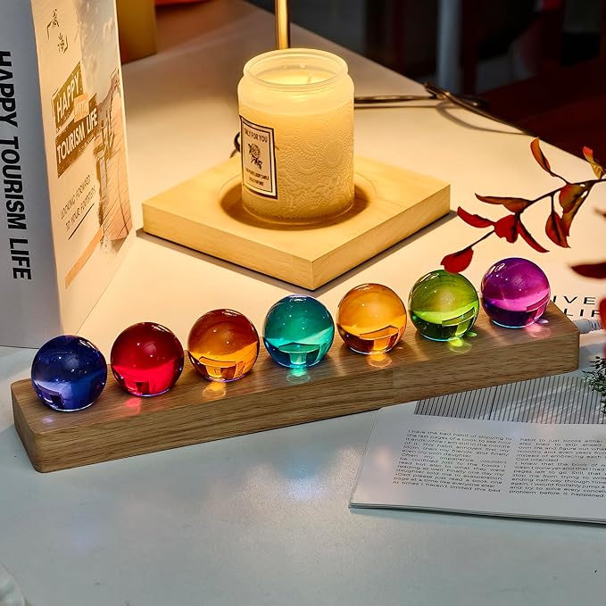7pcs 40mm Multicolor Crystal Solid Ball Glass Spheres with LED Wooden Base Night Light Decoration Healing Sphere Balls with Stand for Home Living Room - Decorative Balls for Dinner Party Centerpiece