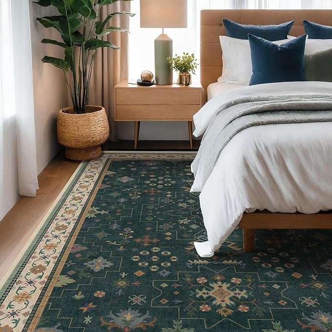Dark Green Oushak Living Room Rug 10x12 - Modern Vintage Boho Eclectic Floral Pastel, Washable Low Pile Non-Slip Extra Large Area Rugs for Dining Under Table Bedroom Lounge