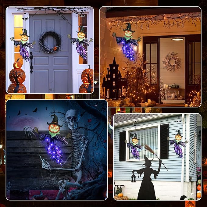 ILLUMINEW Solar Halloween Metal Hanging Decorations Outdoor, Solar Powered Lighted Metal Pumpkin with Glowing Eyes for Halloween Outdoor Tree, Wall, Porch, Patio Decor (Pumpkin)