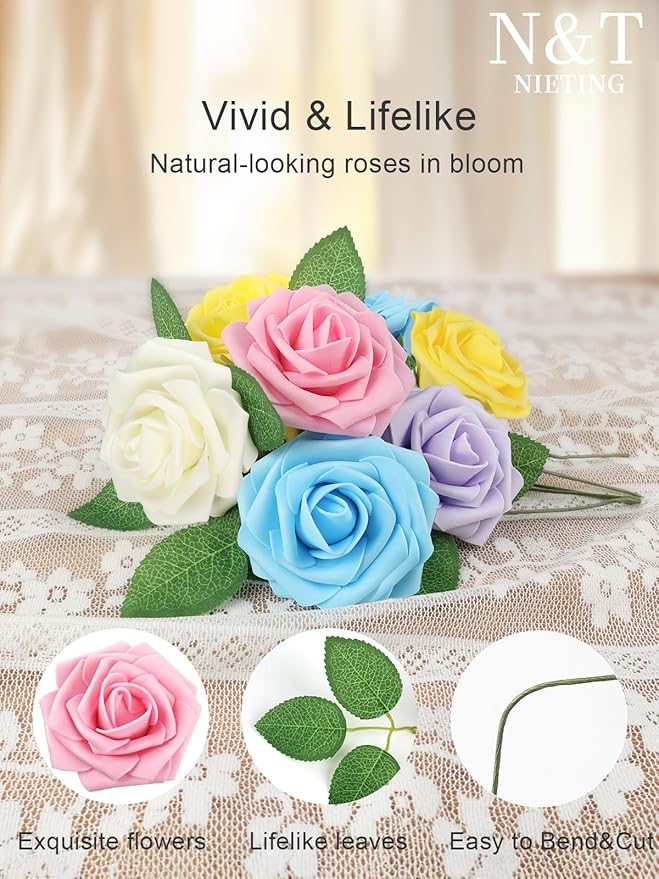 N&T NIETING Artificial Flowers Easter, Fake Flowers Roses Perfect for DIY Wedding Bridal Bouquets Centerpieces Bridal Shower Party Home Flower Arrangement Decorations, 50Pcs, Series Color B