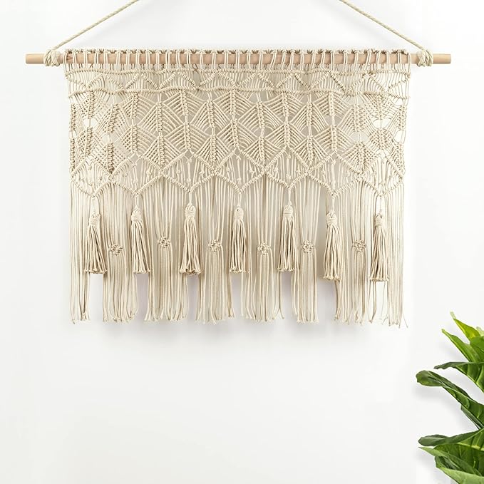 Lush Decor Boho Macrame Tassel Cotton Valance/Kitchen Curtain/Wall Decor, 30" L x 40" W, Neutral