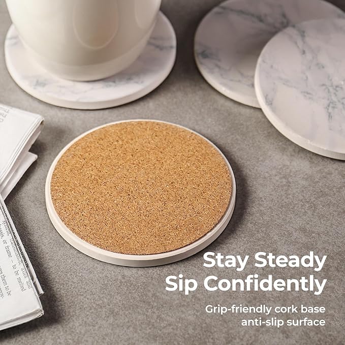 LIFVER Coasters Set of 8 for Drinks, White Marble-Style Anti-Slip Absorbent Drink Coasters with Holder, Modern Stone Coasters Ideal Housewarming Gifts for Home Patio Decor Coffee Bar Accessories
