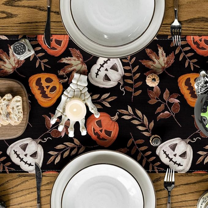 Artoid Mode Jack-O'-Lantern Pumpkin Leaves Black Halloween Table Runner, Holiday Kitchen Dining Table Decoration for Home Party Decor 13 x 60 Inch