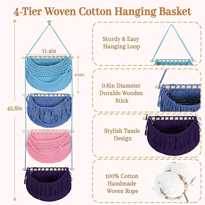 4 Tier Hanging Fruit Basket for Kitchen, 4 Pack Detachable Cotton Crocheted Wall Hanging Basket Over Door Organizer for Fruit Veggie Plant, Hanging Shelves for Bedroom Bathroom (Mixed Color)