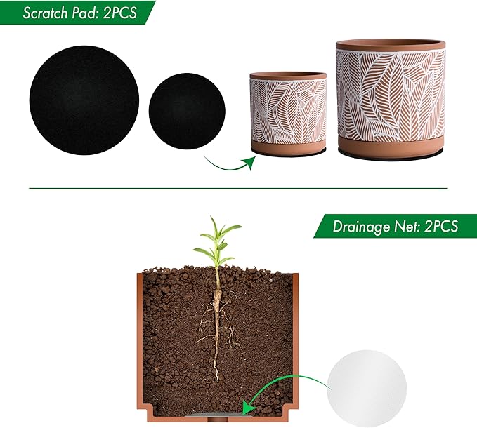 D'vine Dev Set of 2 Terracotta Pots, Leaves Pattern Planter Pot, 4 Inch and 6 Inch, Pot with Drainage Hole and Saucer, Terracotta/White, 31-958-I-1