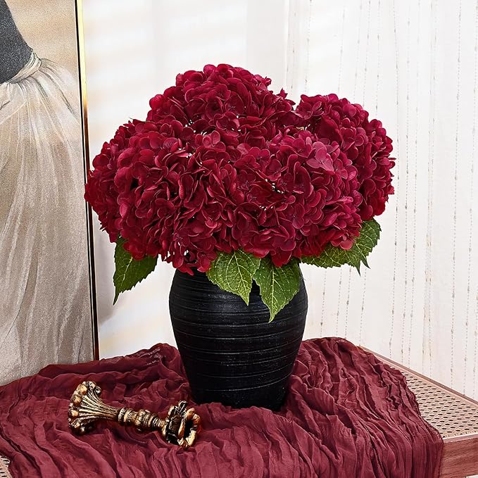 MARTINE MALL 3Pcs 21in Hydrangea Artificial Flowers, Latex Real Touch Hydrangeas Lifelike Large Hydrangea Flowers for Home Decor Party Arrangements Wedding Bouquets Centerpieces (Burgundy)