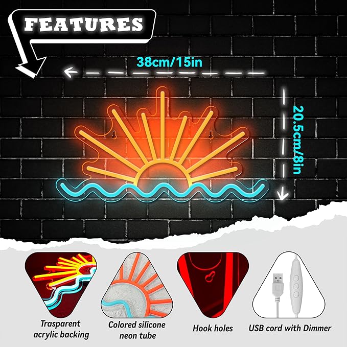 Sunrise Sunset Neon Sign Sun Wave Led Neon Signs Beach Sea Wave Led Neon Lights for Man Cave Bedroom, Wedding, Living Room, Party, Bar Decor USB Powered with Dimmer
