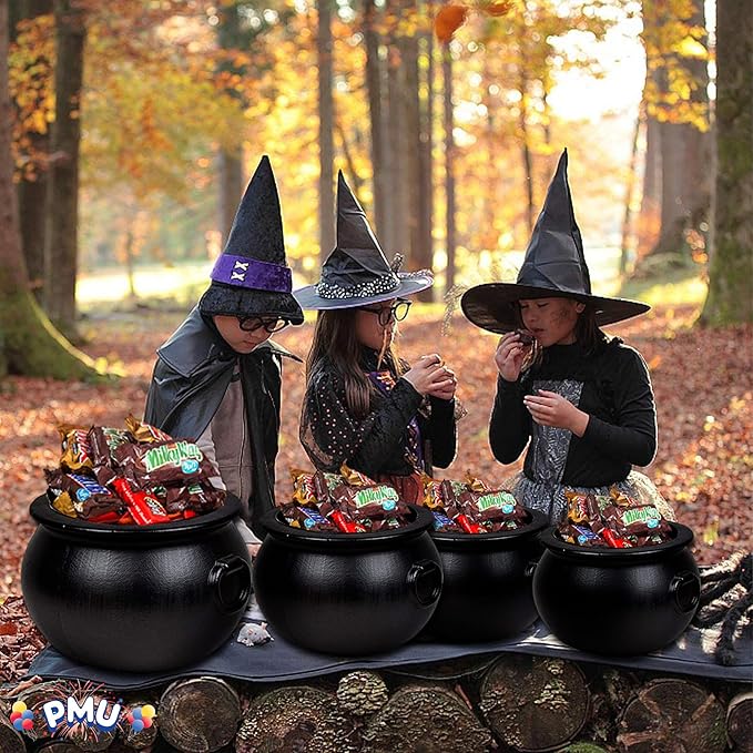 PMU 4pc Halloween Cauldron - Multi-Pack Assortment Plastic Candy Holder for Kids - Halloween Party Favors & Supplies - Black - (1) 16" 20115, (3) 8" 55280 (Handles not included)