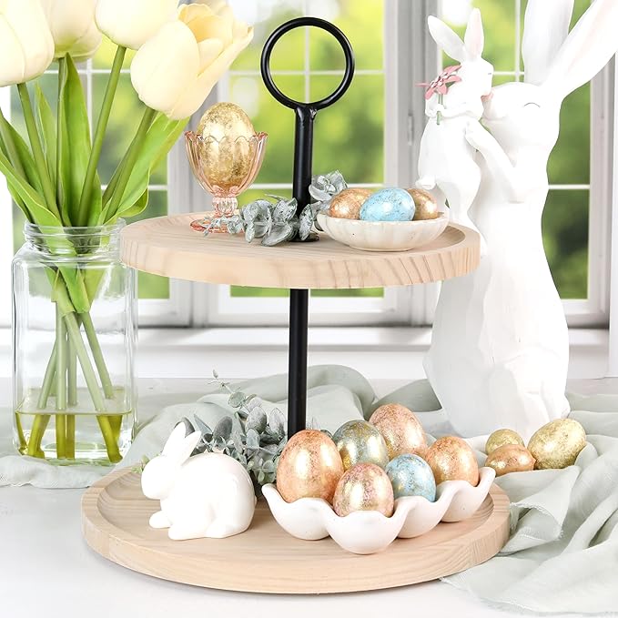 Decorative Wooden Tiered Tray Stand - Beautiful Two Tiered Coffee Table Serving Tray Enhances Your Seasonal Modern Farmhouse Decor - The Perfect Centerpiece for Your ChristmasTable Decorations