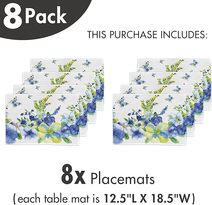 Ambesonne Yellow and Blue Place Mats Set of 8, Spring Flower Watercolor Flourishing Vibrant Blooms Design, Washable Fabric Placemats for Dining Table, Placemat 8 pcs, Royal Blue