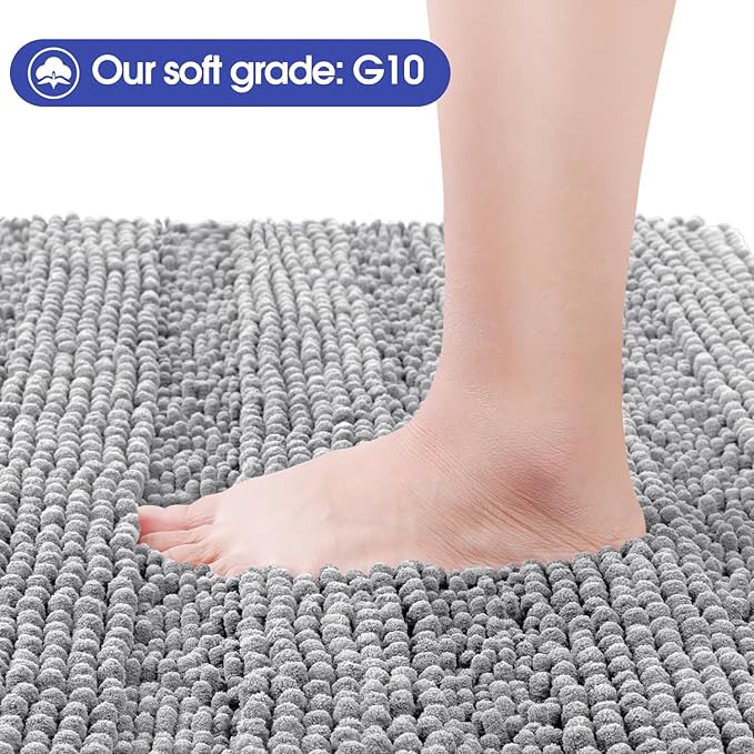ACCUMTEK Striped Light Grey Bathroom Rug Mat 70"x24" Ultra Soft, Non Slip Chenille Bath Rugs, Absorbent Plush Shaggy Bath Mats for Bathroom, Bedroom, Kitchen, Shower, Tub,Light Gray