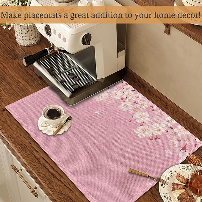 Japanese Cherry Blossom Placemats Set of 6 Washable Table Mats for Kitchen Dining Table,Heat-Resistant Pink Flowers Place Mats for Indoor Outdoor Party Holiday Decoration