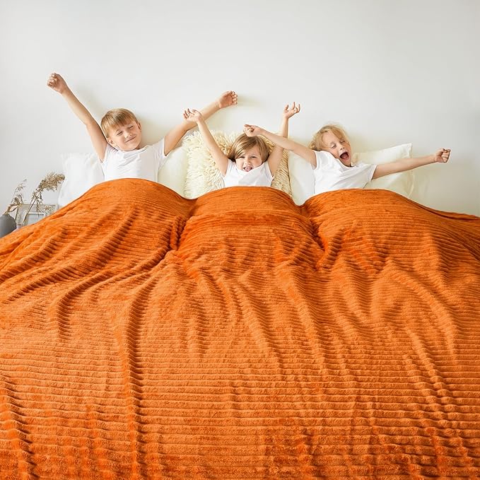 Vessia Flannel Fleece Queen Size Blanket for Bed,Couch,Sofa(90x90 inch), 300GSM Microfiber Burnt Orange Striped Bed Blanket for Adults, Super Soft Warm Cozy Lightweight Ribbed Decor for All-Season
