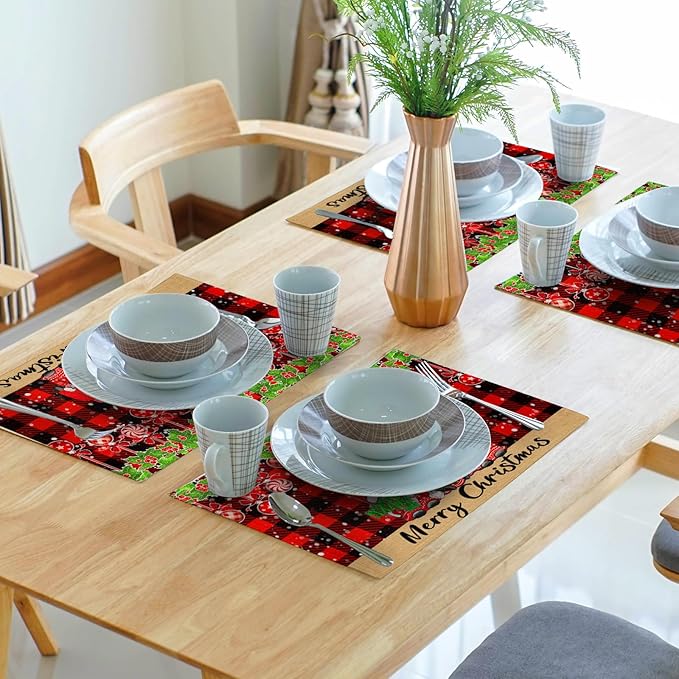 Winter Placemats Set of 4, 12 x 18 Inch Xmas Tree Gnome Truck Dining Table Mats Red Black Buffalo Plaid Rectangle Tabletop Decor for Holiday Seasonal Dining Party