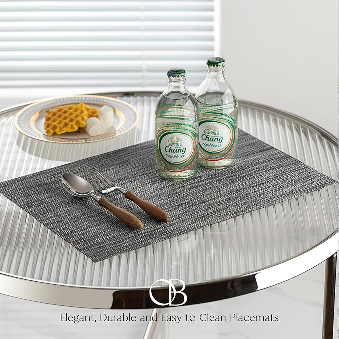 Placemats Set of 12 - Easy Clean Woven Vinyl Placemats for Dining Table, Indoor/Outdoor Place Mats, Washable PVC Table Mats(Dark Gray)