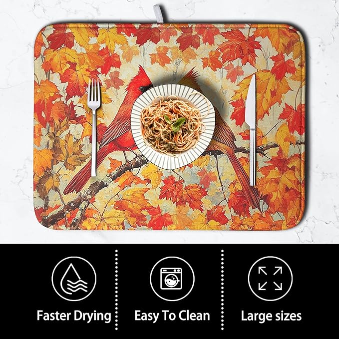 Fall Dish Drying Mats for Kitchen Counter Maple Leaf Cardinal Birds Dish Draining Mat 18x24 Inch Autumn Thanksgiving Dish Rack Mat Microfiber Absorbent Dish Drainer Pad