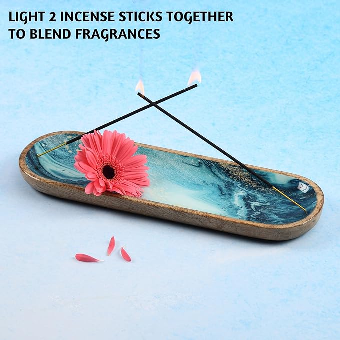 Folkulture Incense Holder or Incense Burner, Incense Holder for Sticks or Wooden Incense Tray for Sticks, Modern Insence-Stick Holder, Ash Catcher, Mango Wood, Set of 2, Blue and Green Agate