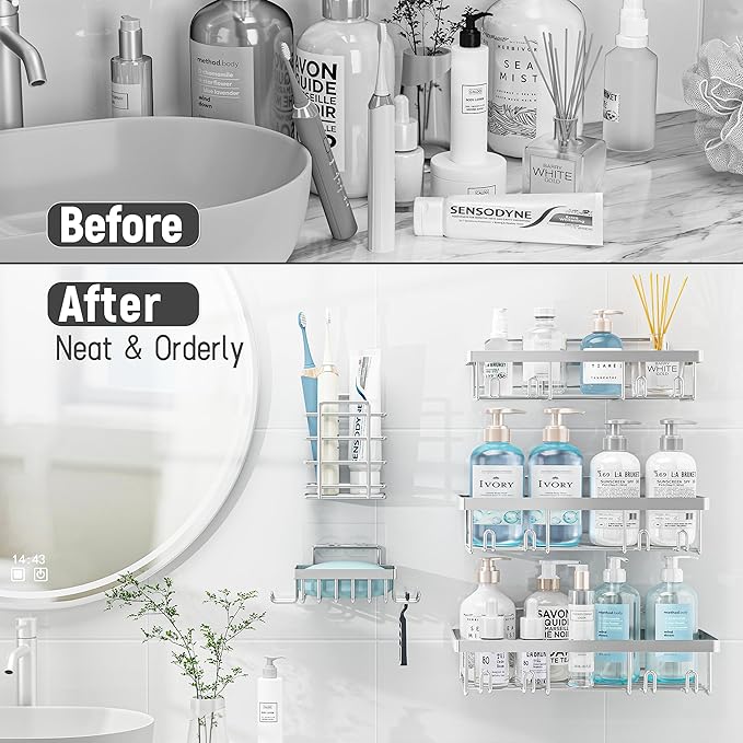10 Pack Shower Caddy Organizer Rack Shelf for Inside Shower, Self Adhesive Wall Storage Basket Rustproof Stainless Steel Shampoo Holder Bathroom Accessory Decor Set, Silver