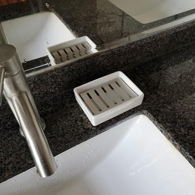 Ceramic Soap Dish Stainless Steel Soap Holder for Bathroom and Shower Double Layer Draining Soap Box