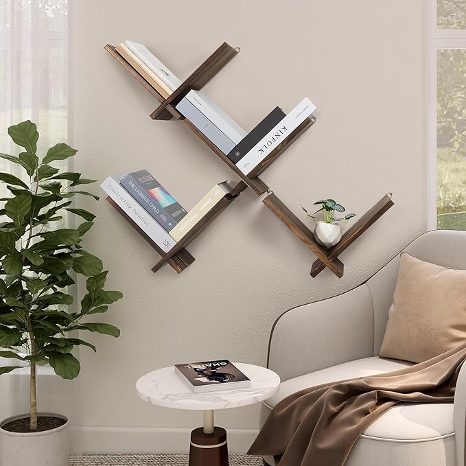 Afuly Floating Shelves for Wall, Funky Wall Mount Bookshelves Small Natural Wood Bookshelf Hanging Storage Organizer Modern Home Decor for Living Room Bedroom Study Tabletop, Set of 2 Brown