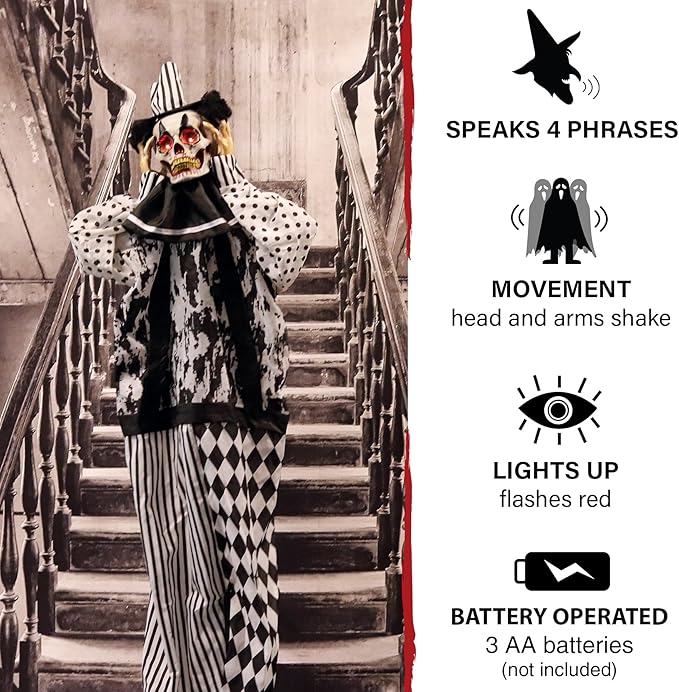 Haunted Hill Farm Life-Size Scary Talking Clown Halloween Animatronic with Touch Activated Lights and Sounds, Battery Operated Indoor or Covered Outdoor Halloween Decorations, Spooky Halloween Prop