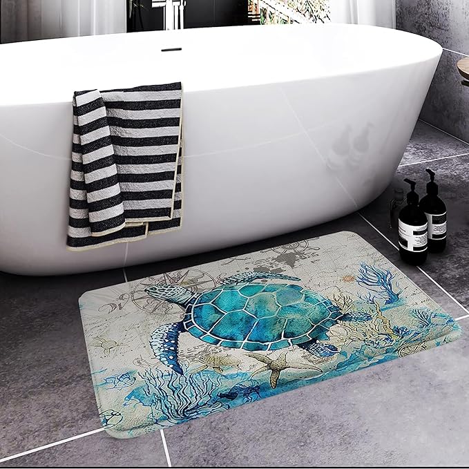 Britimes Bath Mat for Bathroom, Blue Turtle Washable Cover Floor Rug Carpets Floor Mat Bathroom Decorations 16x24 Inches for Kitchen Bedroom Indoor