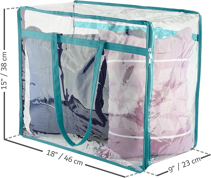 Clear Vinyl Zippered Storage Bags (3-Pack) 40L Sturdy Storage Bags for Sweaters, Blankets, Comforters, Bedding Sets and Much More! (Turquoise, 18x15x9)