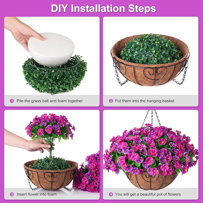 Artificial Hanging Flowers with Basket, Faux Silk Petunias Flower Arrangement, Coconut Lining with Morning Glories Fake Plants Patio Garden Porch Deck Spring Summer Decor(Lotus and Fuchsia)
