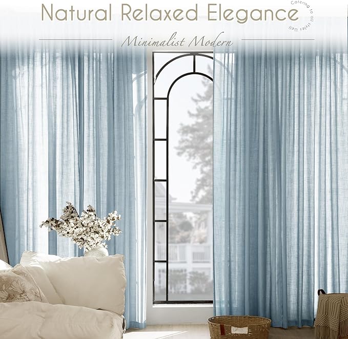 Dusty Blue Linen Curtains for Living Room Back Tab Light Filtering Semi Sheer Light Blue Bedroom Curtain Linen Cotton Textured Grey Blue Drapery Panel Airy Modern Farmhouse Aesthetic Decor 52x102 Long