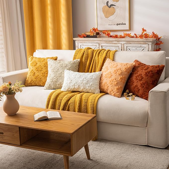 Maple Leaf Fall Throw Pillow Covers 18"x18" Set of 2, Beige Farmhouse Decorative Pillow Covers for Autumn Harvest Holiday Accent Pillow Cases, Faux Fur Pillow Covers for Couch Bed Room