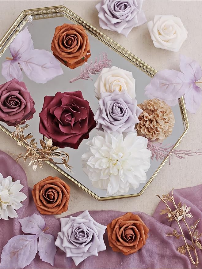 MISSPIN Artificial Flowers DIY Box Set Fake Roses Bouquet Bridal Wedding Flowers Colorful Centerpiece Table Decorations Boho Faux Floral with Stems Arrangements for Cake Home Party Indoor Outdoor