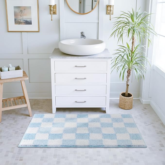 GRANNY SAYS Checkered Blue Bathroom Rugs, 36" x 24", Non-Slip Bath Mats for Bathroom, Plush Shag Absorbent Microfiber Ultra Soft Bath Mat, Cute Washable Rug for Tub, Shower, Bedroom