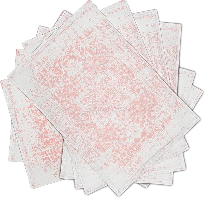 Gray Pink Boho Placemats Set of 6 Ethnic Bohemian Carpet Place Mats Washable Kitchen Dining Vintage Grey Geography Floral Linen Table Mats Stain Heat-Resistant for Home Party Indoor 12x18 in