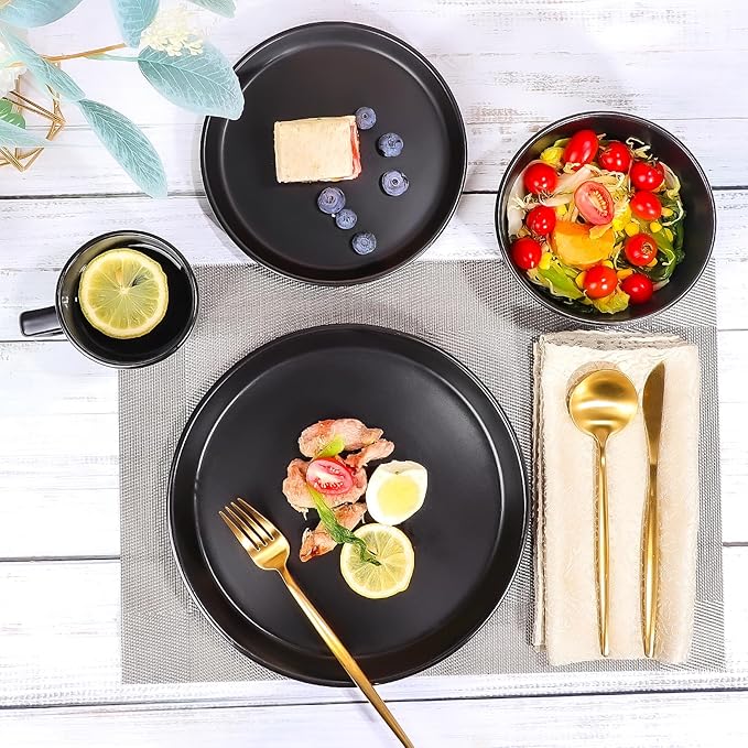 Plates and Bowls Sets, 16 Pieces Dinnerware Sets, Service For 4, Black