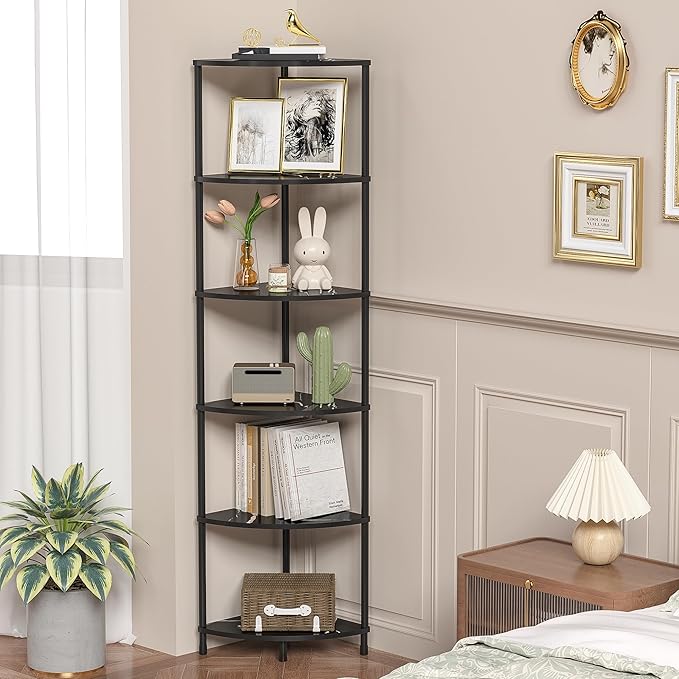 Book Shelf Corner Shelf, 6 Tier Corner Bookshelf Display for Living Room Decor, 54.4" Standing Shelves Bookcase Organizer, Marble Black Storage Shelves for Bedroom, Bathroom, Small Space