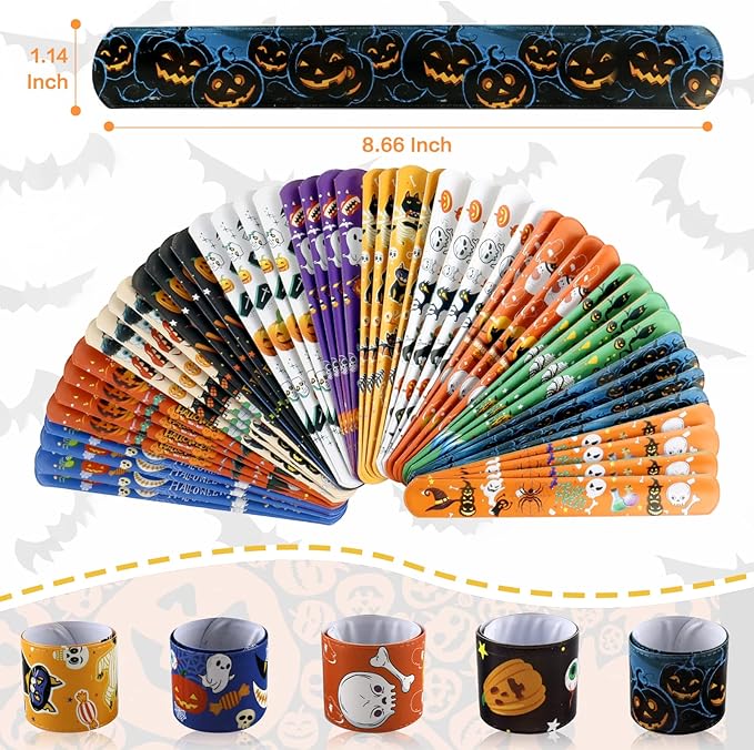 48 PCS Halloween Slap Bracelets Toys for Kids Girls Boys Party Favors Treat Bags Gifts