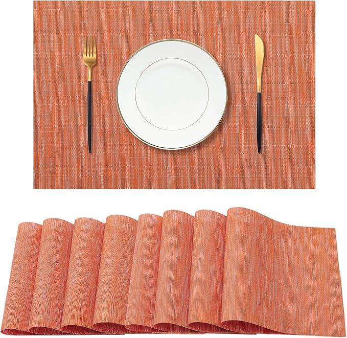 Leetaltree Orange Placemats Set of 8 - Heat Resistant Non-Slip Place mats for Dining Table, Washable Durable PVC Vinyl Woven Table Mats(Orange, 8)