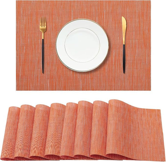 Leetaltree Orange Placemats Set of 8 - Heat Resistant Non-Slip Place mats for Dining Table, Washable Durable PVC Vinyl Woven Table Mats(Orange, 8)