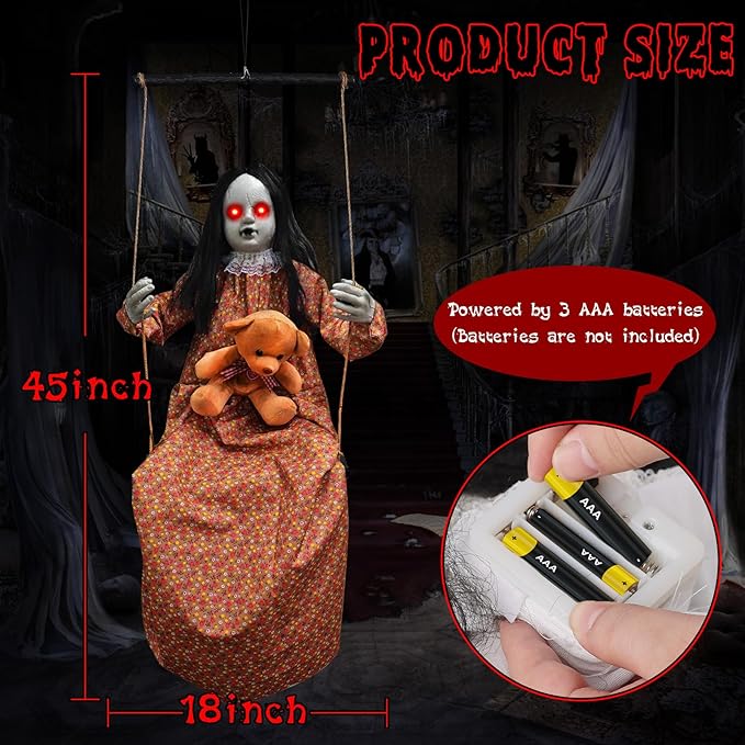 Scary Halloween Decorations Outdoor, Halloween Hanging Swinging Doll Girl with Sound & Slap Activated, Light Up Eyes Creepy Sound Expressions, Large Scary Halloween Decor Props for Indoor Outside