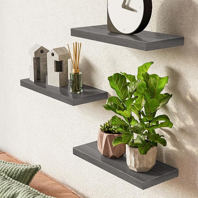 BAYKA Floating Shelves, Wall Mounted Rustic Wood Shelves for Bathroom, Bedroom, Living Room, Kitchen,Small Hanging Shelf for Books/Storage/Room Decor with 22lbs Capacity (Grey, Set of 3, 15.7in)