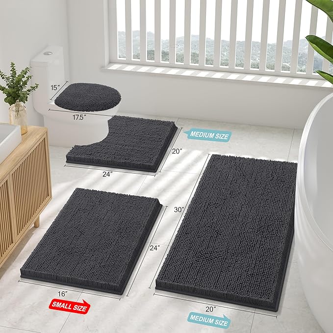 Smiry Luxury Chenille Toilet Rugs U-Shaped 24x24, Soft Absorbent Non-Slip Contour Bathroom Rugs for Toilet, Machine Washable Contoured Bath Mats, Charcoal Grey