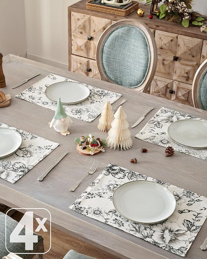 JINCHAN Floral Placemats Set of 4 Farmhouse Fall Autumn Linen Placemats Cloth Table Mats Holiday Seasonal Rustic for Kitchen Dining Table Decor Heat Resistant Washable Tablemats 13x19 Inch Black