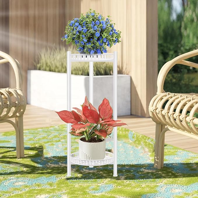 Plant Stand Indoor Outdoor, 30'' Tall Plant Stand, 2 Tier Metal Plant Shelf, Heavy Duty Display Rack White Flower Stands for Living Room, Corner, Deck