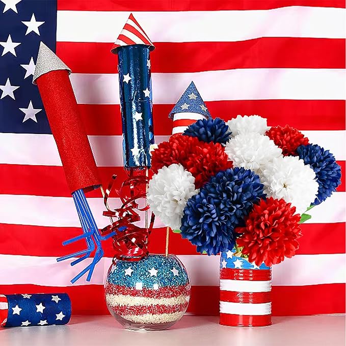 Mandy's Red White Blue Artificial Ball Chrysanthemum 12 Stems Faux Flowers with Bendable Stems for DIY Wedding Centerpiece Fall Decor Home Arrangements