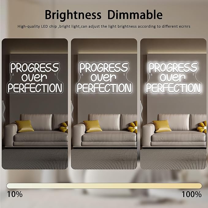 Progress Over Perfection Neon Sign,Dimmable Classroom Positive Neon Light, USB Neon Light for Motivational Classroom Decor Positive Affirmation Mental Health Man Cave Office Wall Decor(15.7 * 9 in)