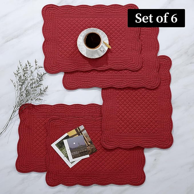 HOMBYS Quilted Placemats Set of 6 Washable-13x18 inches Rectangular Placemats for Kitchen Table-100% Cotton fabric cover and 100% polyester fiber filling Rectangular Table Mats-Cotton (18"x13", Red)