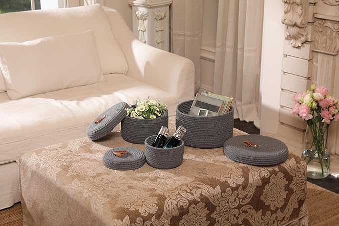 Cottonphant Set of 3 Stylish Round Woven Baskets with Lids - Elegant Storage Solution for Home Decor and Organization - Compact Shelf Baskets (Dark Grey, 10"x6"-8"x5"-6"x4")