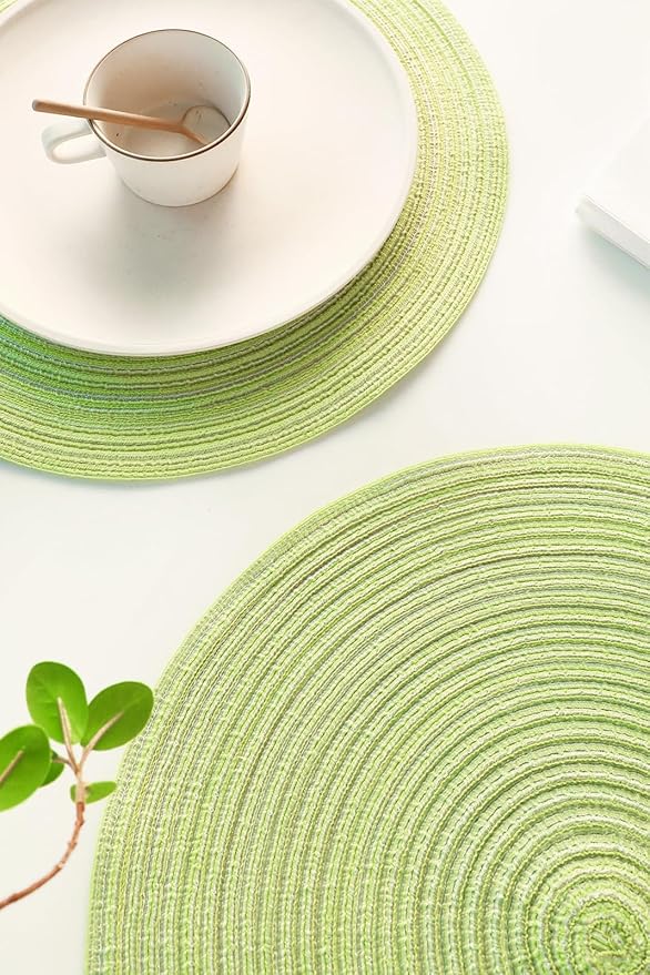Floroom 15 Inch Round Braided Placemats Set of 4, Washable Heat Resistant Cotton Polyester Circle Place Mats for Kitchen Dining Table - Spring Green