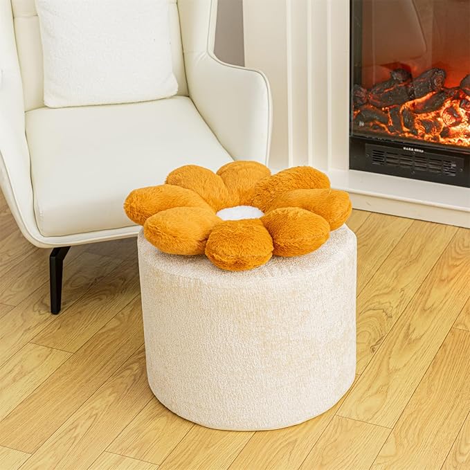 Flower Pouf Ottoman 18x15 Inches Charm Floor Pouf for Home Decor All-in-One Foam Filling Ottoman Foot Rest for Couch Living Room Bedroom Kids Room Ivory and Orange
