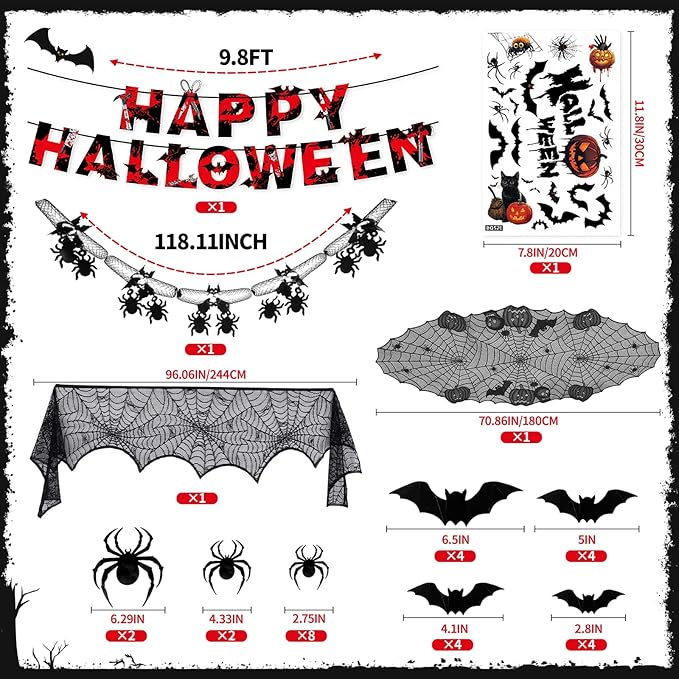 Indoor/Outdoor Halloween Decor Set - Mantel Scarf, Pumpkin Spider Table Runner, Window Stickers, 3d Bats & Spiders, Happy Halloween Banner, Spiders Hanging Garland